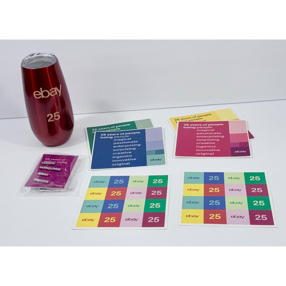 eBay 25th Anniversary Set With Tumbler Stickers & Pins - Limited Edition Collect